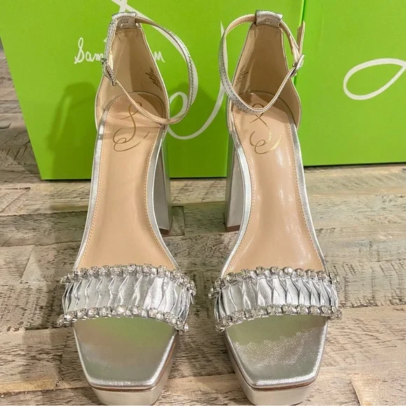 Sam Edelman Women's NINETTE Platform Silver Metallic LEATHER Heel Shoe MSRP $180 - Picture 6 of 9